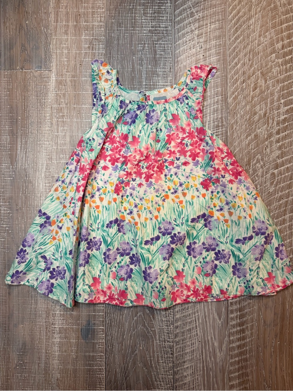GAP Kids Lightweight Cotton Floral Watercolor Print Dress - Pink, Purple & Green